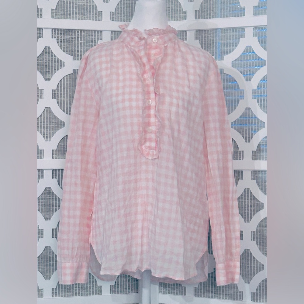 Baby Pink Gingham J. Crew Checkered Blouse Cotton Boho Cottagecore LG Top Shirt - Picture 2 of 15